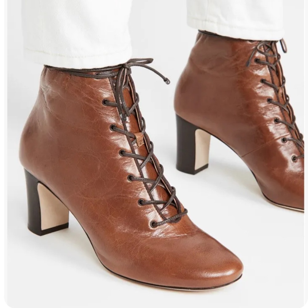 Tory Burch Vienna Lace-Up Ankle Bootie Cognac Brown Leather Boot Size Sz 6.5 New